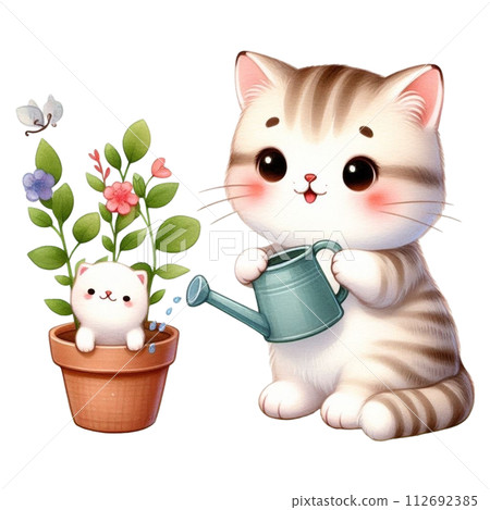 cat planting trees clipart watercolor 112692385