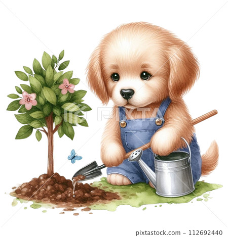 dog planting trees clipart watercolor 112692440