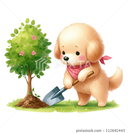 dog planting trees clipart watercolor 112692443