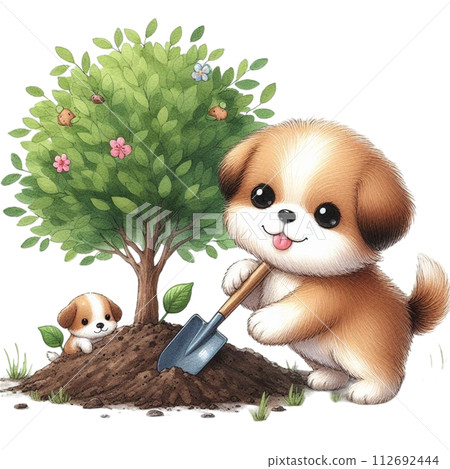 dog planting trees clipart watercolor 112692444