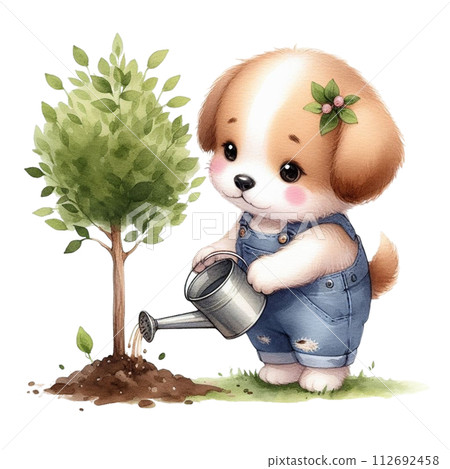 dog planting trees clipart watercolor 112692458