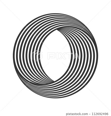 Spherical striped shape isolated on white background. Black and white striped hole or portal. Vortex visual effect. Curvy twisted lines optical illusion. Vector graphic illustration 112692496