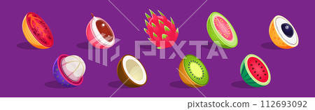 Tropical Fruit Half and Exotic Juicy Food Vector Set 112693092