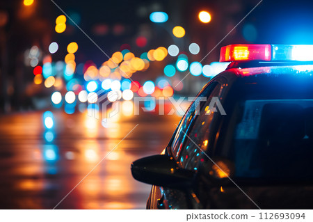 AI-generated content. police car lights at night in city street with selective focus and bokeh AI-generated content. police car lights at night in city street with selective focus and bokeh 112693094