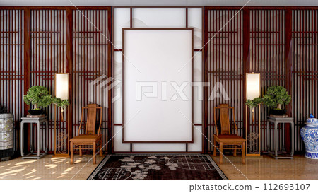Blank empty canvas picture frame for mock up in Chinese traditional style living room, 3D Rendering 112693107
