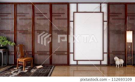 Blank empty canvas picture frame for mock up in Chinese traditional style living room, 3D Rendering 112693109