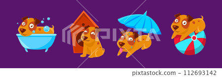 Funny Brown Puppy Dog in Different Activity Vector Set 112693142
