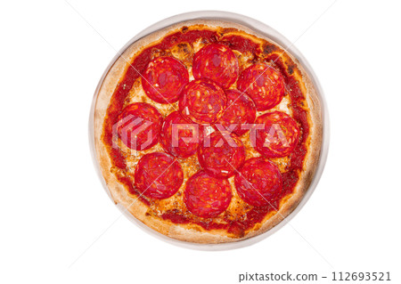 pepperoni pizza on wooden background. Top view of pepperoni pizza. pepperoni pizza on wooden background. Top view of pepperoni pizza. 112693521