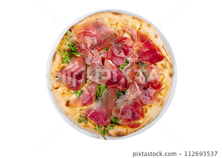 White pizza with prosciutto crudo, arugula and parmesan White pizza with prosciutto crudo, arugula and parmesan 112693537