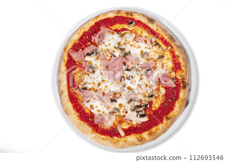 Pizza capricciosa with cooked ham, mozzarella on wooden table 112693546