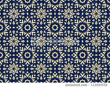 Abstract geometric pattern with lines, snowflakes. A seamless vector background. Golden and dark blue texture. Graphic modern pattern 112693556
