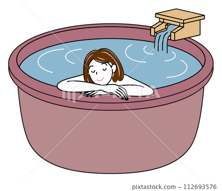 一個可愛的裸體女人在天然溫泉水的露天浴池中享受愉快沐浴的簡單插圖 112693576