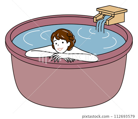 一個可愛的裸體女人在天然溫泉水的露天浴池中享受愉快沐浴的簡單插圖 112693579