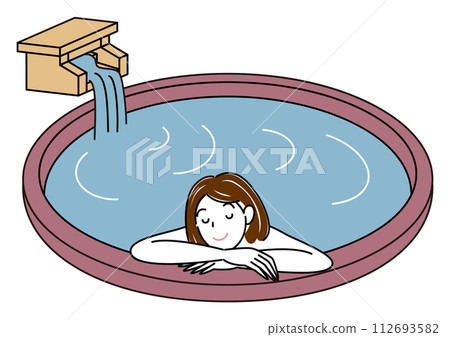 一個可愛的裸體女人在天然溫泉水的露天浴池中享受愉快沐浴的簡單插圖 112693582