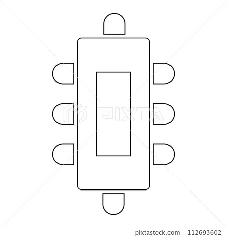 Business meeting, seminar, training, group coaching seatings arrangement. Table and chairs icons top view. Schema of seats. Workspace floorplan map. Vector outline illustration 112693602