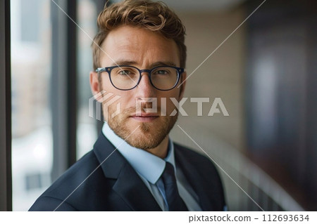 35 year old business man profile picture with glasses in a office 35 year old business man profile picture with glasses in a office 112693634