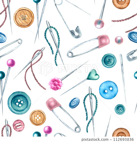 Watercolor hand drawn seamless pattern of buttons, needles and threads, different sewing pins ball-point, flat plastic head and safety pin. For prints, postcards, pattern, wrapping paper or wallpaper Watercolor hand drawn seamless pattern of buttons, needles and threads, different sewing pins ball-point, flat plastic head and safety pin. For prints, postcards, pattern, wrapping paper or wallpaper 112693836
