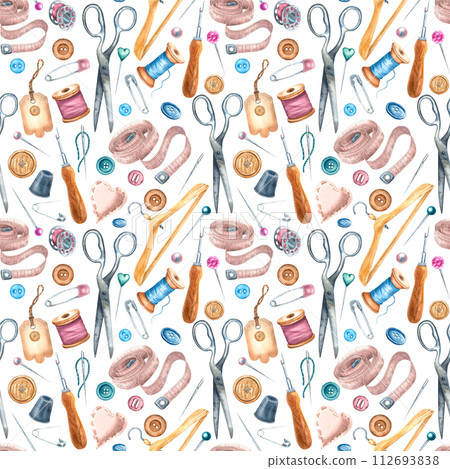 Seamless pattern with scissors, spools of threads, pins, tape measure, thimble, buttons, hanger and needles. Hand drawn watercolor illustration on isolated background for print, textile design, cards 112693838