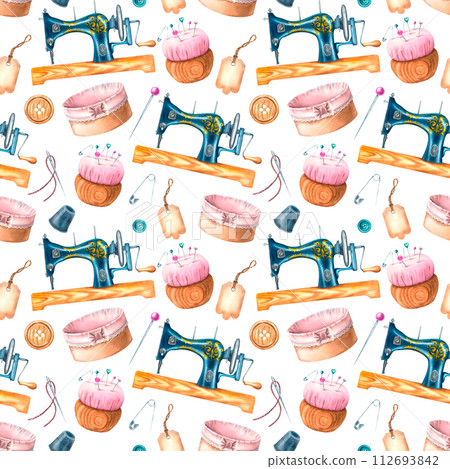 Seamless pattern with sewing machine, pincushion, safety pin, thimble, buttons, pins, buttons and needles. Hand drawn watercolor illustration on isolated background for print, textile design, cards 112693842