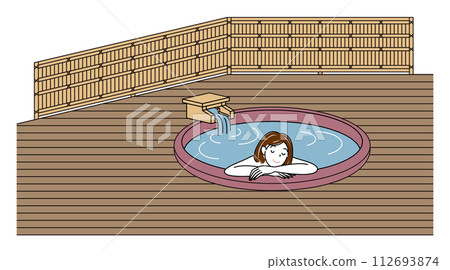 可愛的裸體女人在帶露天浴池的客房內，在帶有自由流動溫泉的陶瓷浴池中享受愉快的沐浴。簡單 112693874