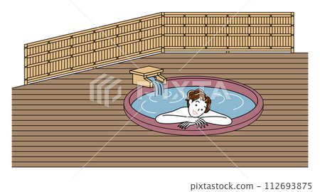 可愛的裸體女人在帶露天浴池的客房內，在帶有自由流動溫泉的陶瓷浴池中享受愉快的沐浴。簡單 112693875