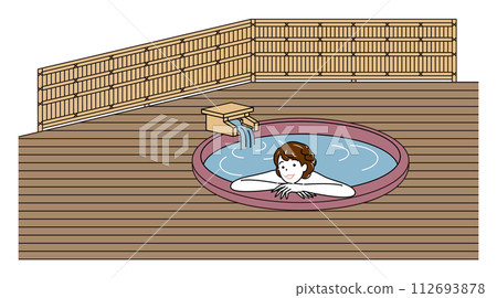 可愛的裸體女人在帶露天浴池的客房內，在帶有自由流動溫泉的陶瓷浴池中享受愉快的沐浴。簡單 112693878