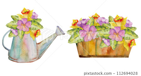 Hand drawn watercolor illustration spring gardening, watering can and wooden box with flowers leaves. Set of objects isolated white background. Design print, shop, scrapbooking, packaging, decoupage 112694028