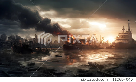 AI-generated content. Post apocalyptic war background of desert city wasteland with destroyed buildings, generated AI 112694040