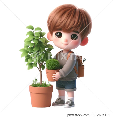 boy holding a potted plant 3d render illustration 112694189