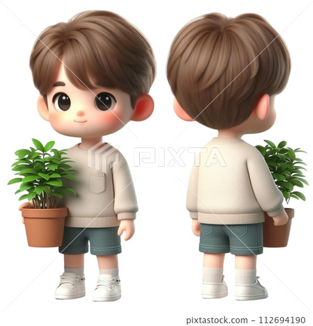 boy holding a potted plant 3d render illustration 112694190