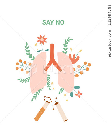 Say no banner. Cigarette and lung with flowers awareness element. National non smoking week. 112694283