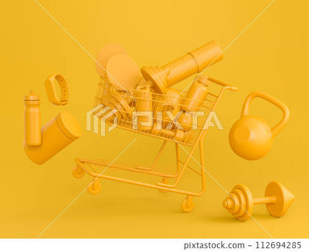 Sport equipment for fitness, gym in shopping basket on monochrome background. 3d render of power lifting and fitness concept 112694285