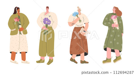 People with flowers set. Young modern women and man with bouquet in hands isolated on white background. Characters with spring holiday symbols. Vector flat illustration. 112694287