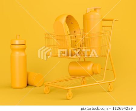 Sport equipment for fitness, gym in shopping cart on monochrome background. 3d render of power lifting and fitness concept Sport equipment for fitness, gym in shopping cart on monochrome background. 3d render of power lifting and fitness concept 112694289