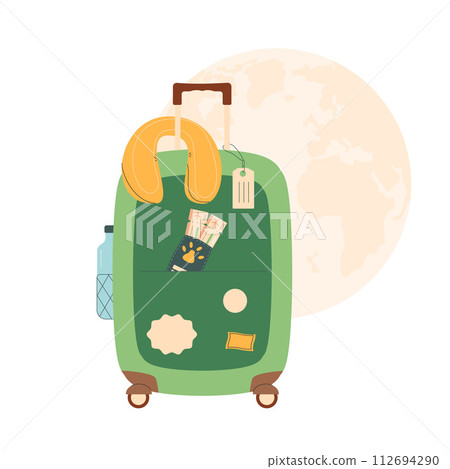 Suitcase with travel accessories and pets. passport isolated on white background. Trip for adventure and rest. Vector. 112694290