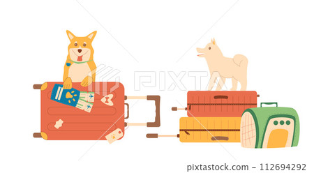 Travel with dog. Corgi and puppy with passport, flight tickets and suitcase near pets carrier isolated on white background. Trip for adventure and rest with domestic animal. Vector flat illustration 112694292