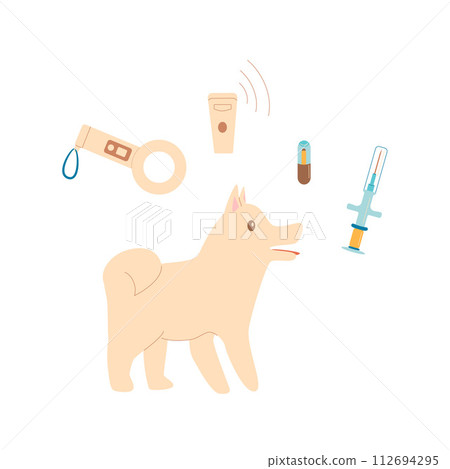 Microchip pets service. Scanner, chip and dog. Vector illustration 112694295
