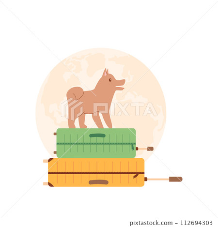 Travel with pets set. Trip with dogs. Suitcases and domestic animal. Puppy with baggage and planet map with navigation. Vector flat illustration Travel with pets set. Trip with dogs. Suitcases and domestic animal. Puppy with baggage and planet map with navigation. Vector flat illustration 112694303