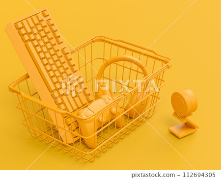 Gamer gears like mouse, keyboard, joystick, headset, VR Headset in basket on monochrome background. 3d render concept of sale, discount, shopping and delivery of accessories for live streaming Gamer gears like mouse, keyboard, joystick, headset, VR Headset in basket on monochrome background. 3d render concept of sale, discount, shopping and delivery of accessories for live streaming 112694305