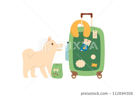 Dog and suitcase isolated on white background. Travel with pets. Trip with domestic animals. Vector flat illustration Dog and suitcase isolated on white background. Travel with pets. Trip with domestic animals. Vector flat illustration 112694308