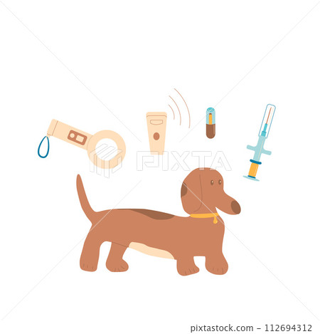 Microchip pets service. Scanner, chip and dog. Vector illustration 112694312