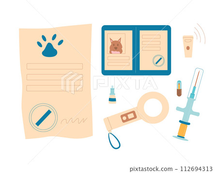 Microchip pets service. Chip scanner, passport and syringe isolated on white background. Veterinary elements. Vaccination certification and treats for prepare to travel and transportation domestic 112694313