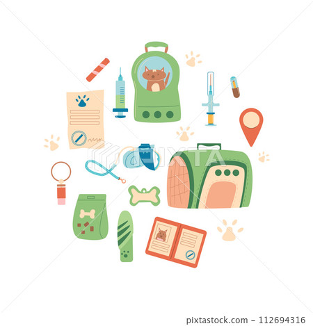 Travel with pets round composition. Dog and cat tourism accessories set elements circle shape isolated on white background. Trip for adventure and rest with domestic animals. Vector flat illustration Travel with pets round composition. Dog and cat tourism accessories set elements circle shape isolated on white background. Trip for adventure and rest with domestic animals. Vector flat illustration 112694316