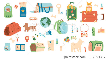Travel with pets set. Tourism supplies and accessories for domestic animals elements isolated on white background. Pets carrier, collar, passport and id tag. Trip with cats and dogs. Vector flat 112694317