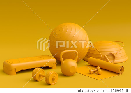 Isometric view of sport equipment like yoga mat, kettlebell, fitness ball and smart watches on monochrome background. 3d render of power lifting and fitness concept 112694346