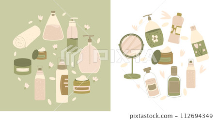 Beauty products circle emblems set. Skincare organic cosmetics daily routine. Cleansing and moisturizing face and body. Bottles, containers and tubes. Flat vector illustration. 112694349