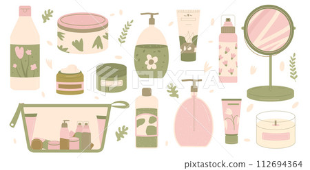 Beauty skin and hair cosmetics products set. Cleansing and moisturizing face skincare. Serum and cream for spa.  112694364