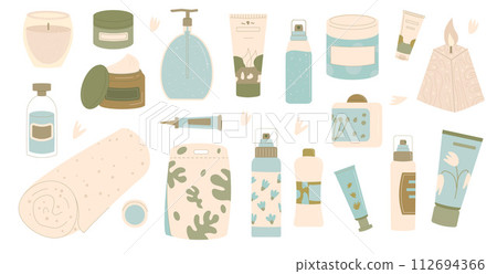 Beauty home spa procedure products set. Cleansing and moisturizing face skincare. Serum and cream for spa. Skin, body cosmetics bottles, containers and tubes. Flat vector illustration Beauty home spa procedure products set. Cleansing and moisturizing face skincare. Serum and cream for spa. Skin, body cosmetics bottles, containers and tubes. Flat vector illustration 112694366