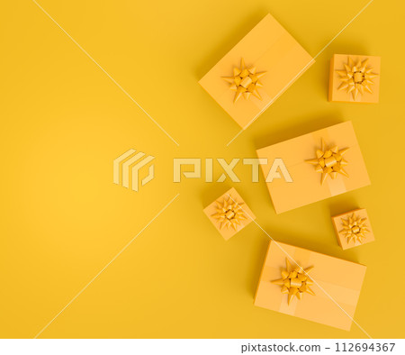 Gift boxes with ribbon and bow flying and falling on monochrome background. 3d render concept of greeting design Birthday, Merry Christmas, Black friday, New Year Gift boxes with ribbon and bow flying and falling on monochrome background. 3d render concept of greeting design Birthday, Merry Christmas, Black friday, New Year 112694367