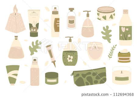 Beauty organic products set. Cleansing and moisturizing face vegan skincare. Serum and cream for natural spa. Skin, body cosmetics bottles, containers and tubes. Flat vector illustration Beauty organic products set. Cleansing and moisturizing face vegan skincare. Serum and cream for natural spa. Skin, body cosmetics bottles, containers and tubes. Flat vector illustration 112694368
